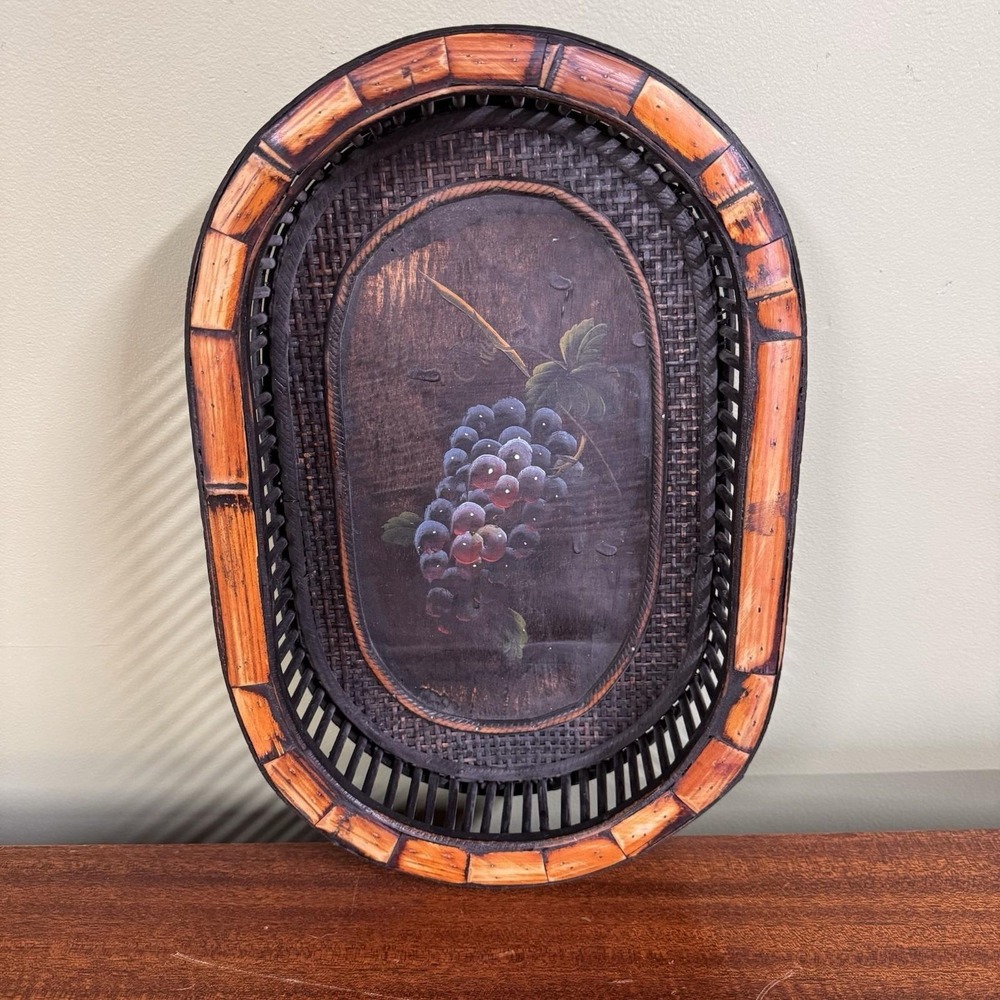Vtg French Country Rattan, Bamboo & Wooden Serving Tray With Grapes Motif‎